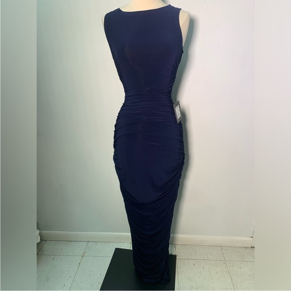 Norma Kamali Sleeveless Side Shirred Dark Blue Navy Maxi Dress Gown - Picture 10 of 14
